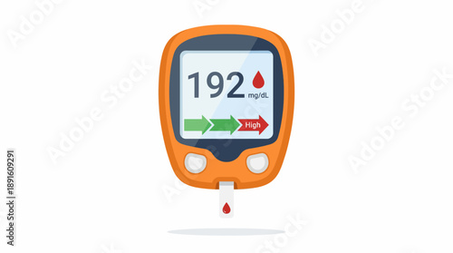 High Blood Glucose Reading Vector – Digital Meter Displaying Elevated Sugar Level with Red Alert Drop and Arrows for Diabetes Monitoring and Health Education