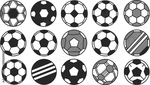 Collection of 15 soccer balls with various black and white patterns