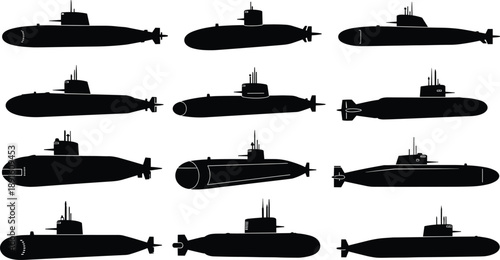 Set of submarine silhouettes in side views, modern naval military underwater vessels collection isolated on white background for maritime and defense stock illustration