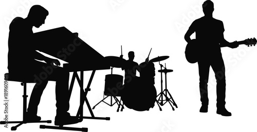 Silhouette of music band with keyboard player, drummer and guitarist performing live, creative concert performance and modern music entertainment concept