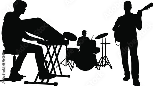 Silhouette of live music band with keyboard player, drummer and guitarist performing together, modern concert performance and creative music concept