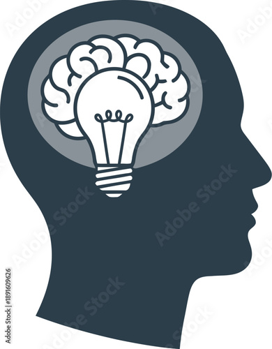 Illustration of Human Head with Brain Care and Lightbulb Concept for Idea Generation and Innovation
