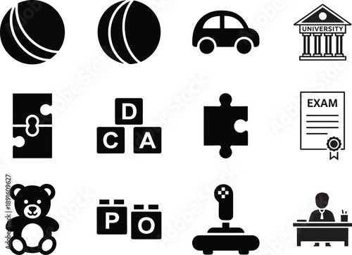 Black and white silhouette icons for education and learning featuring various objects and symbols in a grid layout silhouette