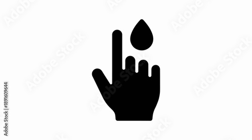 Blood Glucose Finger Prick Silhouette Vector – Black Icon Depicting Diabetes Testing with Droplet Above Index Finger for Medical Monitoring and Health Education