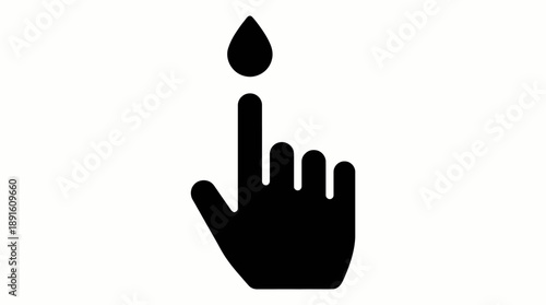 Blood Glucose Finger Prick Silhouette Vector – Black Icon Depicting Diabetes Testing with Droplet Above Index Finger for Medical Monitoring and Health Education