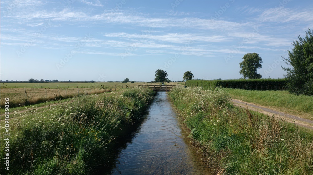 Obraz premium Rural farmland with a drainage ditch cutting through green fields under a clear blue sky