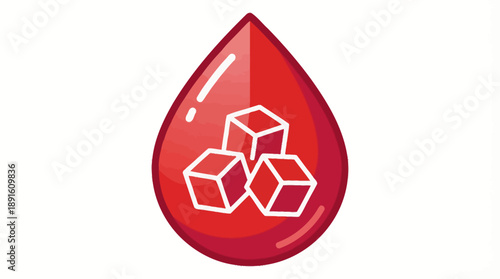 Blood Sugar Awareness Droplet Vector – Red Icon with White Sugar Cubes Representing Glucose Levels for Diabetes Education, Medical Alerts, and Health Campaigns