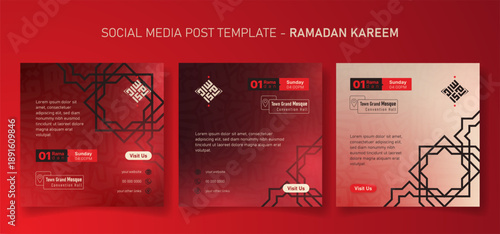 Ramadan social media post template in red background design with simple line art ornamental design