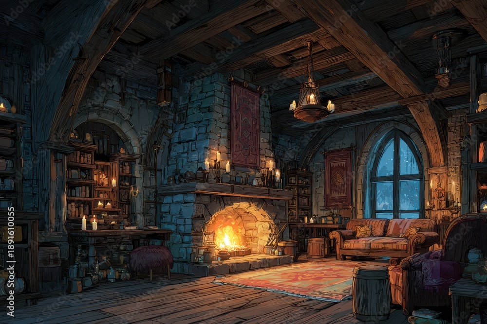 Fototapeta premium Rustic fantasy home interior featuring wooden floors and a glowing fireplace