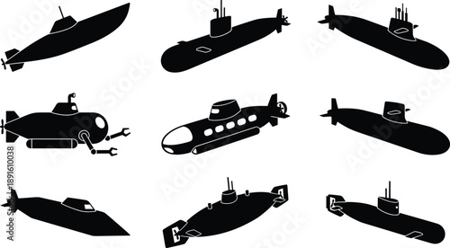 Set of submarine silhouettes in different views and designs, military underwater vehicles collection isolated on white background for stock illustration
