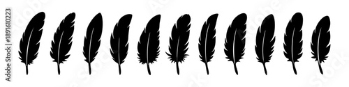 Stylish feather icon set in bold silhouette style. Perfect for design, branding, tattoos, logos, boho themes, and creative projects. Includes black, blue, and light blue color versions