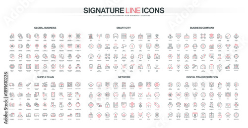Modern line icons set covers global business, smart city, company, supply chain, network, digital transformation concepts, technology, innovation, connectivity, management isolated vector illustration