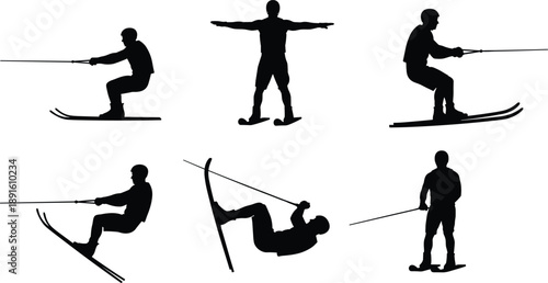 Set of water skiing silhouettes performing tricks and balance poses, extreme water sports action collection isolated on white background for dynamic stock illustration