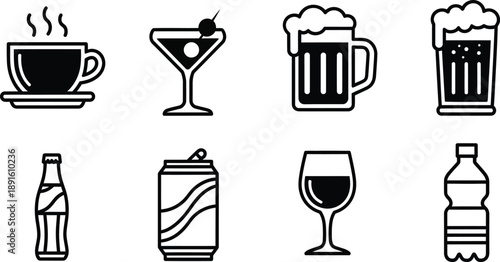 Collection of beverage icons including coffee cocktails beer and wine