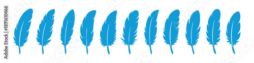 Stylish feather icon set in bold silhouette style. Perfect for design, branding, tattoos, logos, boho themes, and creative projects. Includes black, blue, and light blue color versions