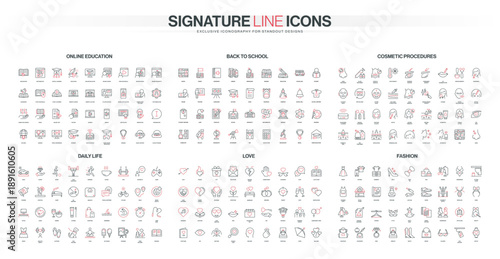 Comprehensive set of line icons covering online education, school, cosmetic procedures, daily life, love, and fashion topics, designed with minimal red and black accents isolated vector illustration