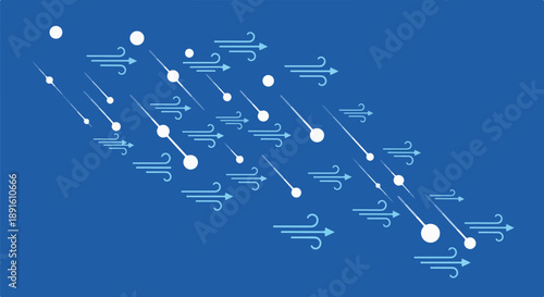 Dynamic abstract illustration of wind flow and moving particles on a vibrant blue background, symbolizing speed, data, and digital transformation.