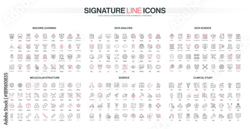 Comprehensive set of thin line icons covering machine learning, data analysis, data science, molecular structure, science, and clinical study topics isolated vector illustration