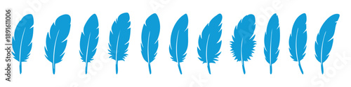 Stylish feather icon set in bold silhouette style. Perfect for design, branding, tattoos, logos, boho themes, and creative projects. Includes black, blue, and light blue color versions