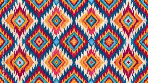 Colorful seamless tribal ikat texture with ethnic geometric diamonds for fabric design and home decor