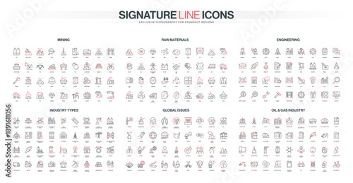 Comprehensive set of thin line icons covering mining, raw materials, engineering, industry types, global issues, oil and gas sectors, modern industrial concepts isolated vector illustration