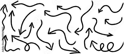 A chaotic arrangement of hand drawn black arrows pointing in various directions fills the white space suggesting movement and disorientation high-quality professional