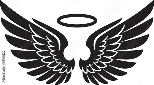 Angel Wings with Halo – Black Silhouette Spiritual Vector Illustration