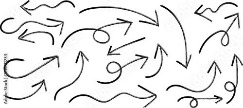 A chaotic arrangement of hand drawn black arrows and curved lines on a stark white background depicting movement and direction high-quality professional