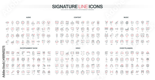 Modern line icons collection covers audio, content, music, entertainment, video, and event planning themes with red and black accents for digital media isolated vector illustration
