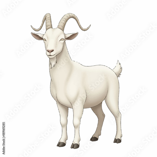 A Majestic White Goat Standing Proudly with Curving Horns.