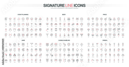 Collection of thin line icons for event planning, beer, pricing, wine, casino gambling, and drinks themes, featuring modern minimal style, red and black details, isolated vector illustration
