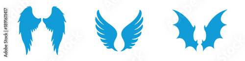 Powerful wings icon set in bold silhouette style. Ideal for logos, fantasy, angel or dark themes, tattoos, emblems, and creative branding. Available in black, blue, and light blue colors