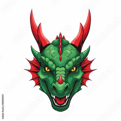 Fierce Green Dragon Head with Red Horns and Spikes.