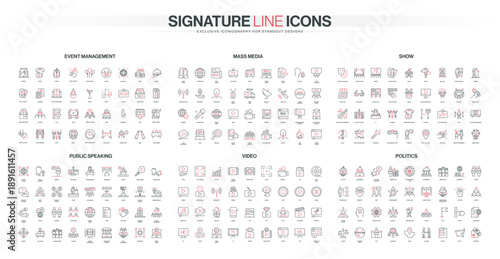 Collection of thin line icons covering event management, mass media, show business, public speaking, video production, and politics themes isolated vector illustration