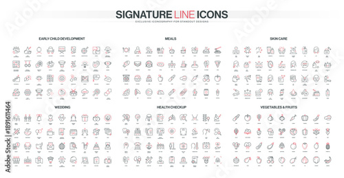 Collection of thin line icons covering early child development, daily meals, skincare routines, wedding elements, health checkup, and various fruits and vegetables isolated vector illustration