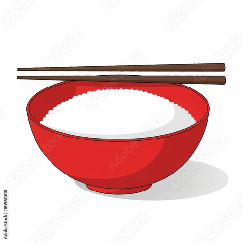 Red Bowl Filled With White Rice and Chopsticks.