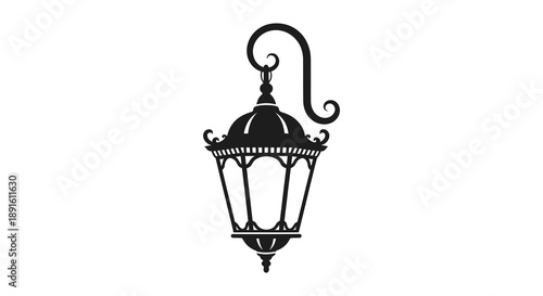 An elegant black silhouette depicts a vintage street lamp with ornate details and a swirling hook silhouette high quality professional