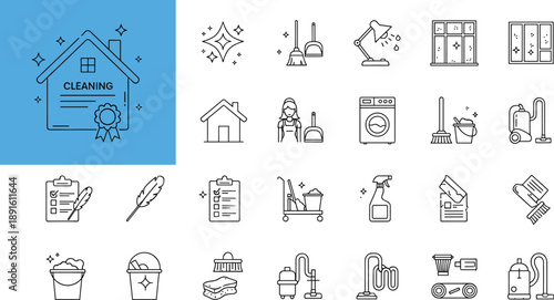 House cleaning service and household chores outline icon set with tools equipment checklist and home maintenance symbols isolated