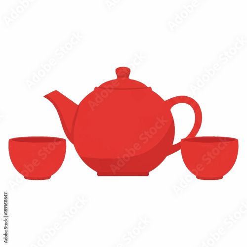 Red Teapot and Two Cups Illustration.