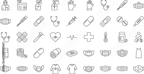 Medical healthcare outline icons set with masks gloves pills syringes stethoscope thermometer and emergency symbols isolated