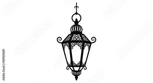 An ornate black silhouette of a vintage hanging lantern with intricate detailing and a classic design silhouette high quality professional