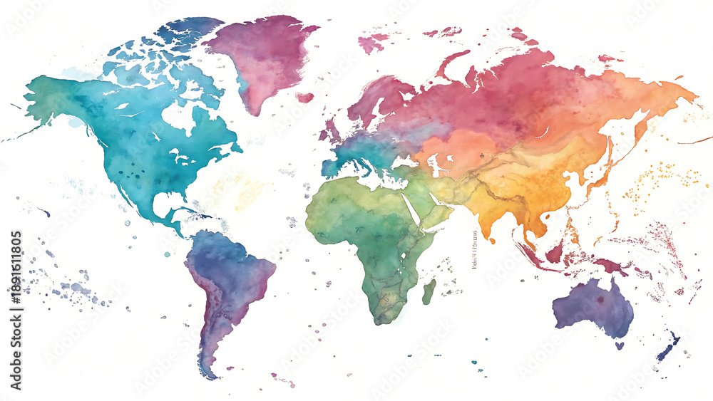 Fototapeta premium Watercolor world map with vibrant continents and artistic splashes global design