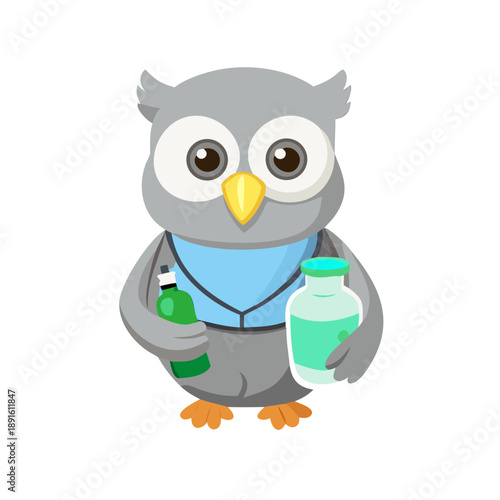 A wise grey owl wearing blue medical scrubs and a surgical mask, holding a glowing green medicine bottle.