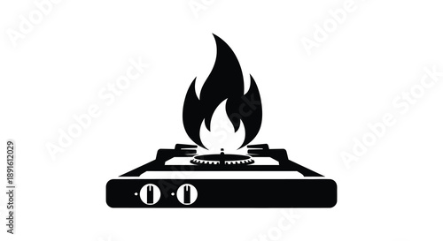 A striking black silhouette depicts a gas stove with visible burners and a leaping flame creating a bold image silhouette