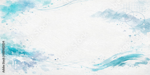 An abstract blue watercolor background features a cold grunge texture of frozen ice and winter sea foam splashed across a paper surface like a stormy sky
