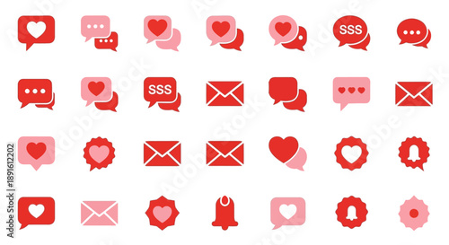 Collection of red and pink heart message and notification icons flat design elements for social med