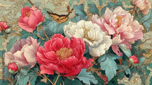 Vibrant peonies and butterflies in blooming garden illustration.