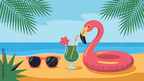 Beach vacation essentials illustration, tropical summer holiday objects, flamingo float sunglasses cocktail, flat vector