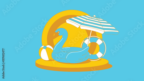 Blue swan inflatable, striped beach umbrella, beach ball, lifebuoy, summer travel, pool recreation items