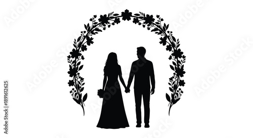 A romantic depiction shows a couple standing beneath a floral archway holding hands representing love and commitment a striking silhouette